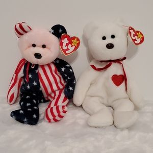 2 Ty Beanie Babies SPANGLE and VALENTINO Bears with tags Patriotic and Love